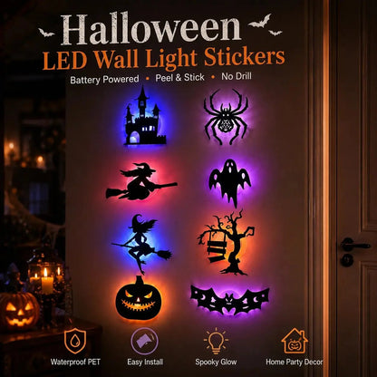 🔥LAST DAY 49% OFF | 🎃 Halloween LED Wall Light Stickers, No Drill No Residue, 8 Spooky Silhouette Designs