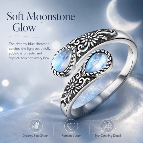 Moonstone Bloom Ring | Vintage Style • Adjustable Fit • Timeless Elegance
