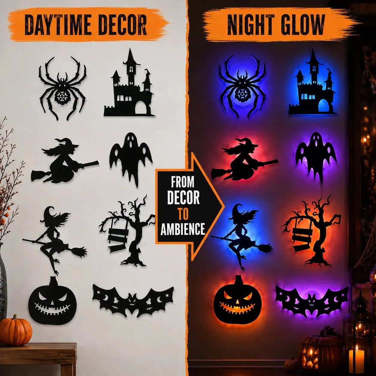 🔥LAST DAY 49% OFF | 🎃 Halloween LED Wall Light Stickers, No Drill No Residue, 8 Spooky Silhouette Designs