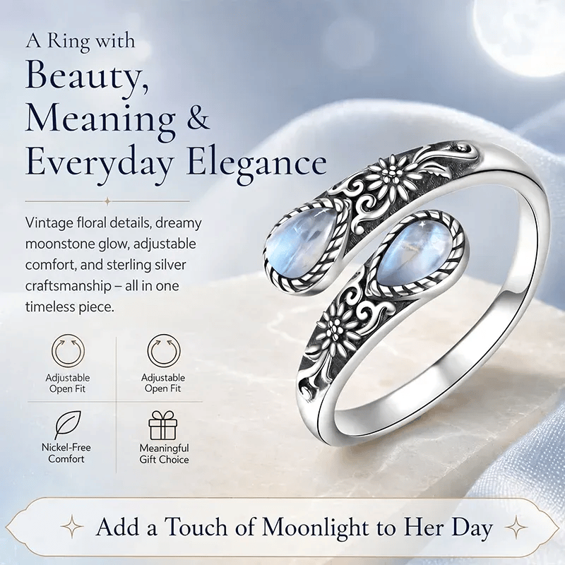 Moonstone Bloom Ring | Vintage Style • Adjustable Fit • Timeless Elegance