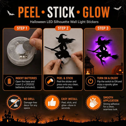 🔥LAST DAY 49% OFF | 🎃 Halloween LED Wall Light Stickers, No Drill No Residue, 8 Spooky Silhouette Designs