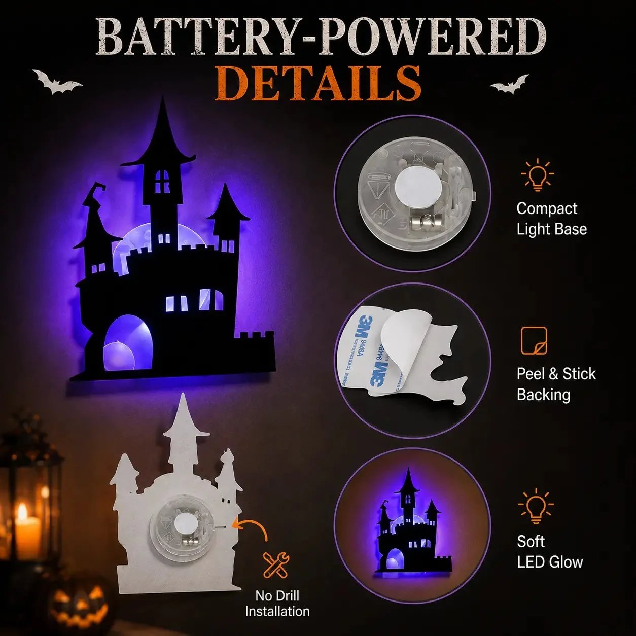 🔥LAST DAY 49% OFF | 🎃 Halloween LED Wall Light Stickers, No Drill No Residue, 8 Spooky Silhouette Designs