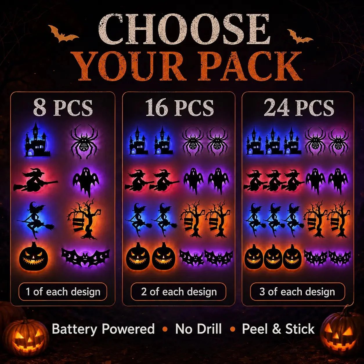 🔥LAST DAY 49% OFF | 🎃 Halloween LED Wall Light Stickers, No Drill No Residue, 8 Spooky Silhouette Designs