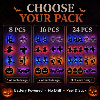 🔥LAST DAY 49% OFF | 🎃 Halloween LED Wall Light Stickers, No Drill No Residue, 8 Spooky Silhouette Designs
