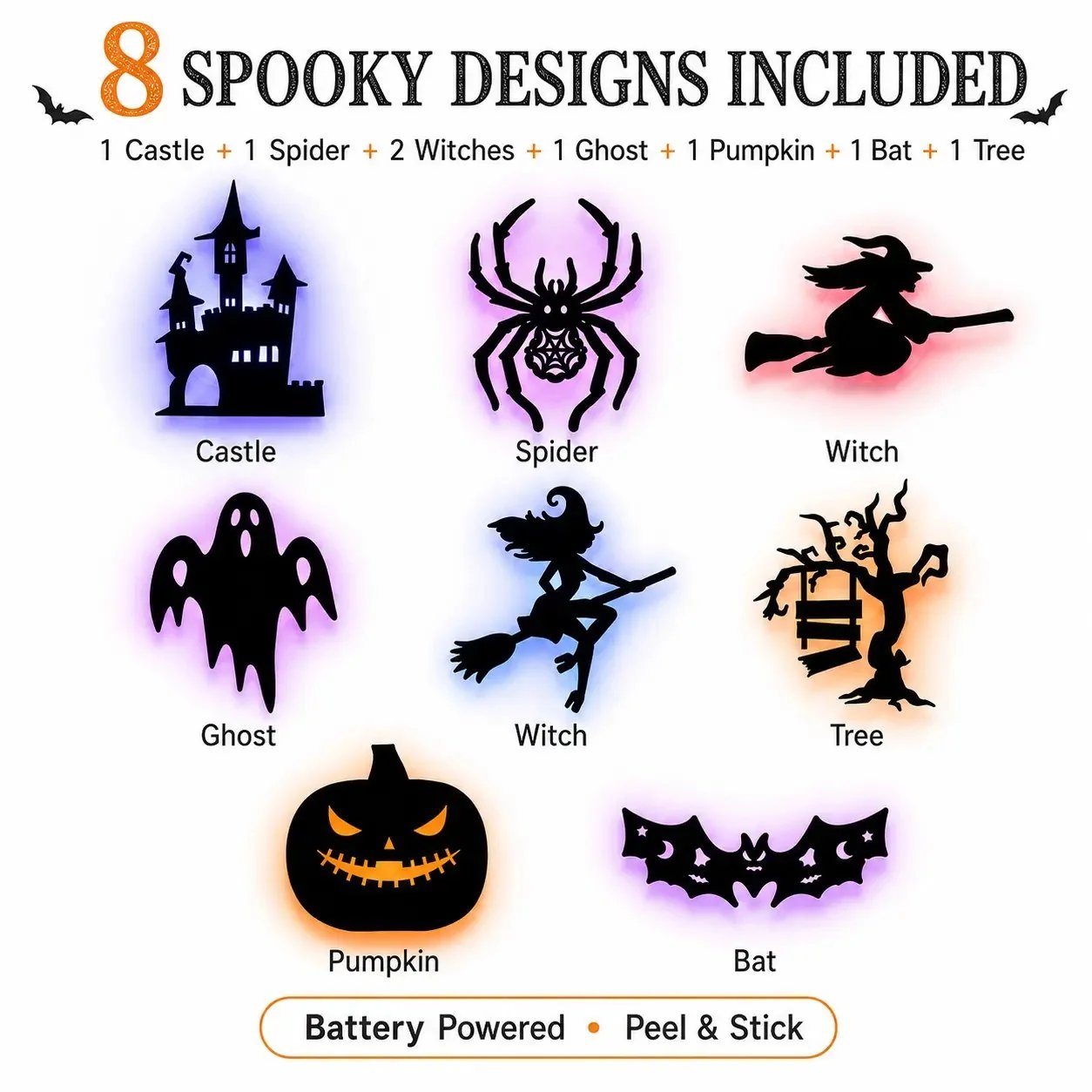 🔥LAST DAY 49% OFF | 🎃 Halloween LED Wall Light Stickers, No Drill No Residue, 8 Spooky Silhouette Designs