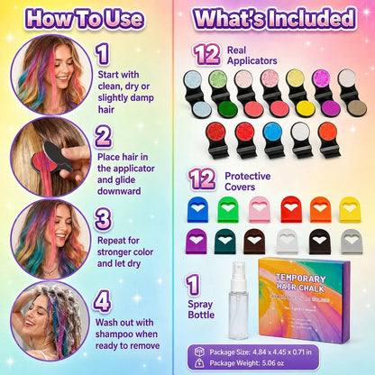 🌈 12-Color Washable Hair Chalk Styling Applicator Set | Vibrant Buildable Shades in Easy Clamp-On Applicators for Highlights, Streaks & Costume Looks ✨