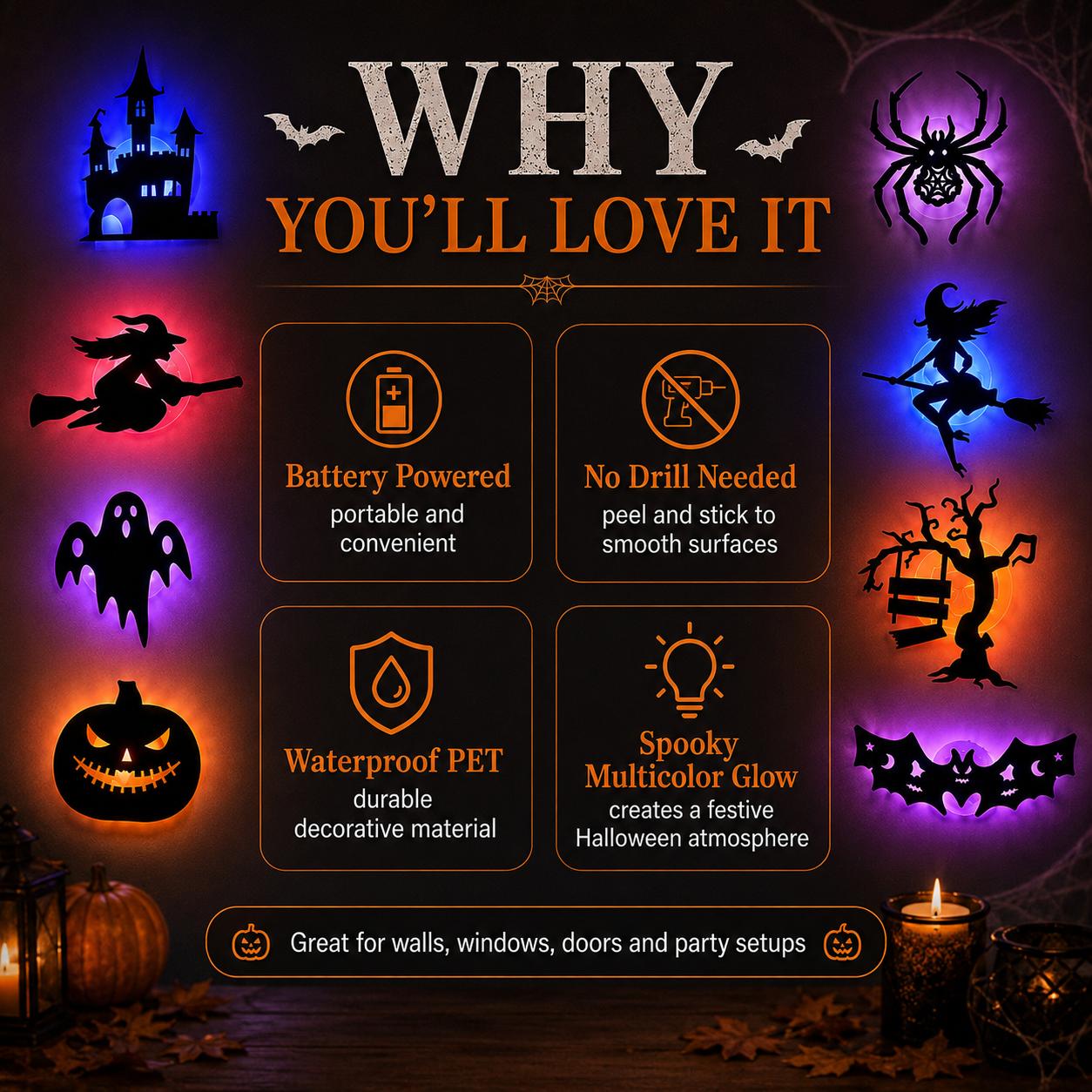🔥LAST DAY 49% OFF | 🎃 Halloween LED Wall Light Stickers, No Drill No Residue, 8 Spooky Silhouette Designs